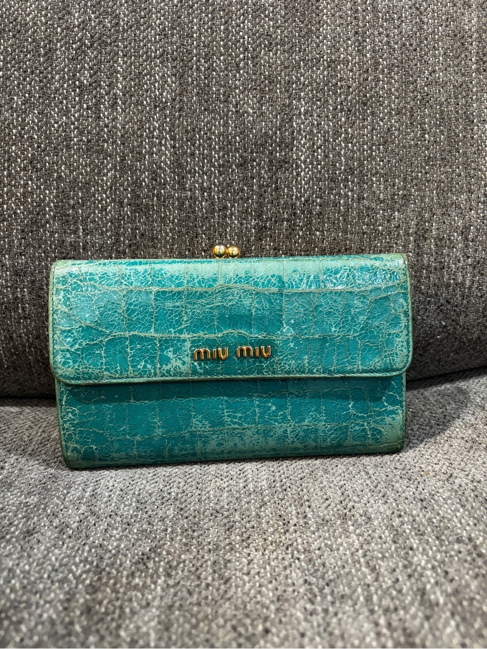 Miu Miu Teal Croc Leather Logo Wallet with Gold Hardware